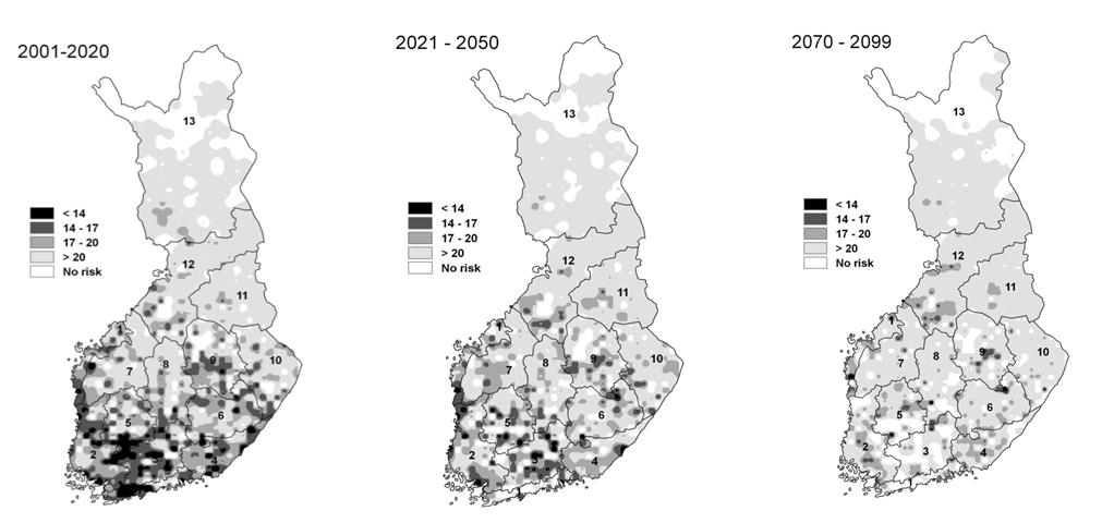 Figure JO-1. Predicted occurrence of different threshold (critical) wind speeds for uprooting of trees in Finland from late autumn to early spring towards end of this century (birch nor consider as being leafless). The decrease of share of lower critical wind speeds is related to possible decrease in the success and share of Norway spruce in tree species composition (opposite to birch and Scots pine), especially in southern Finland, due to increasing drought episodes increase. In the North, higher average dbh/h-ratio of trees and low share of Norway spruce explains the high resistance of forests to wind force. However, in summer the map would look different as in addition to Norway spruce also birch (in leaf) and Scots pine are vulnerable to damage.