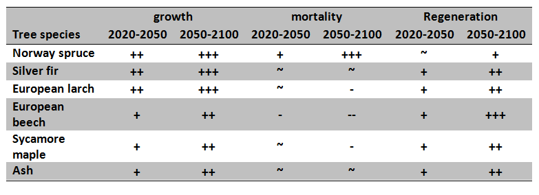 Table 1: Mid- to longterm tree species sensitivities towards projected climate change for the three forest ecosystem processes. (+ increase, ~ no change, - decrease)