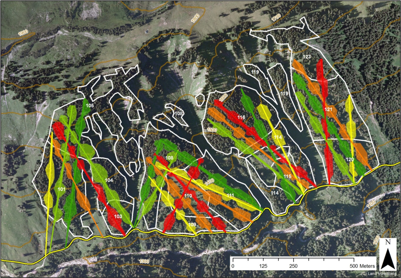 Figure MO-3: Slit and patch cuts as performed under current management as planned over 100 years for a forest compartment of ca. 70 ha. The colors of the slits cuts and skyline tracks indicate 20 year time periods from green to red (from 2010 to 2110). The stands are displayed in white and the road at the bottom of the slope in yellow. This approach results in a virtual rotation period of 250 years.