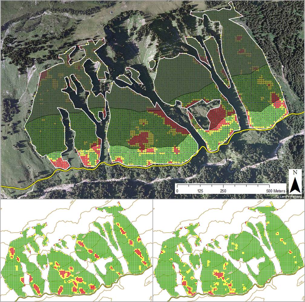 Figure MO-8: Visualization of the protection efficiency against landslides for the current forest conditions (year 2010, on top). The road (displayed at the bottom of the map; yellow line) is the object to be protected. The white lines delineate the analysis area. The results of the assessment are presented as colored pixels (a) green (optimal requirements met), (b) yellow (minimal requirements met) and (c) red (requirements not met). The shading of the map increases with distance from the road (300 m dark grey shading). Bottom left hand side: the protection against landslides for the current management under climate change in the year 2100 is shown. Bottom right hand side: results for the recommended management under climate change in the year 2100.