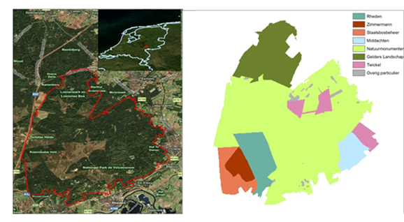 Figure 1. Location of the case study area, and a map showing the main ownerships