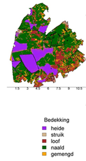 Figure 3. Land cover in the case study area. Purple is heathland, red broadleaves, green conifers and yellow mixed.