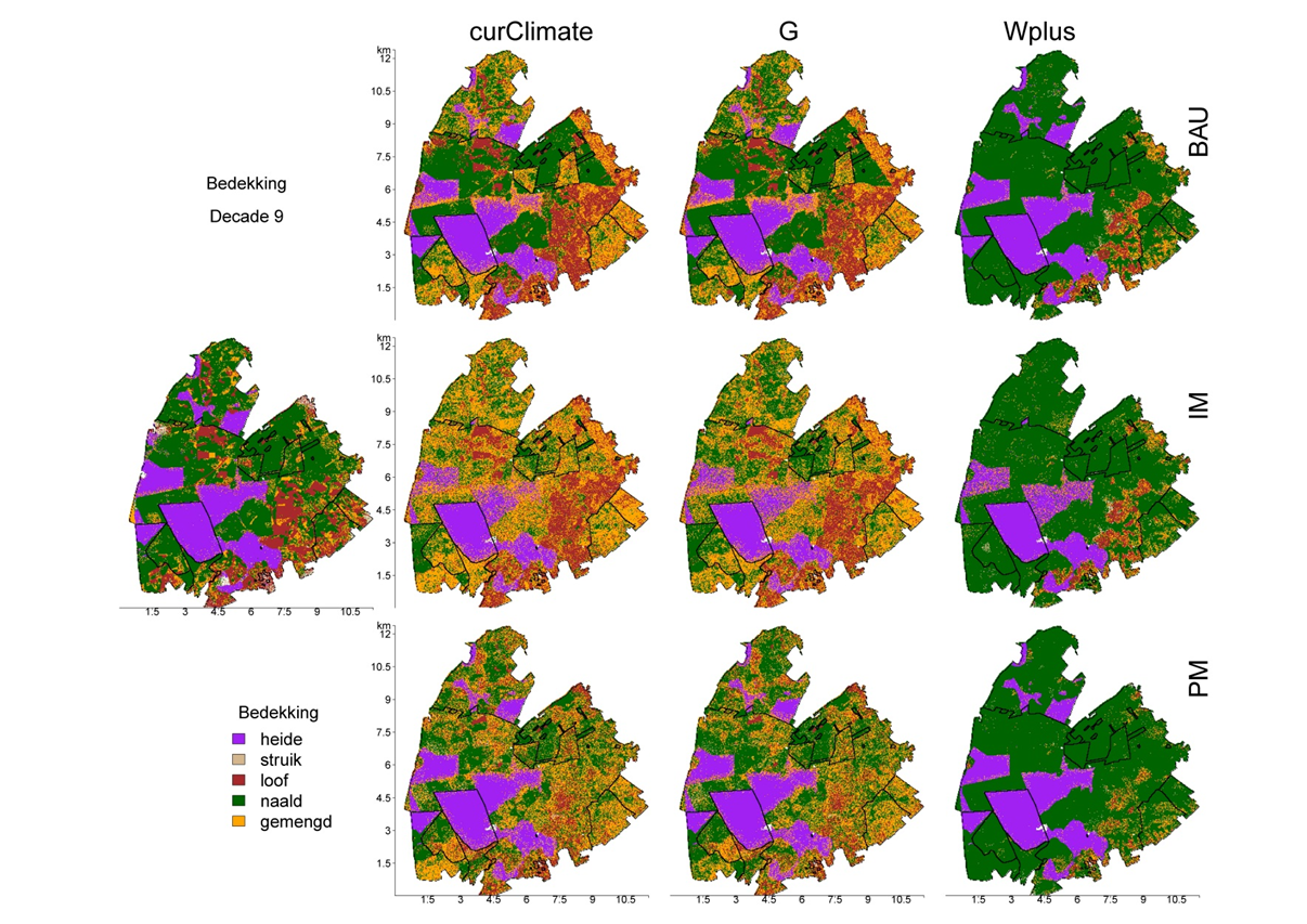 Figure 1. Dominant tree species in 1981 (left) and in 2110 under the 9 simulations.